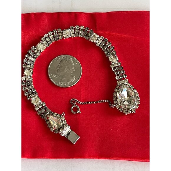 Vintage Kramer Of New York Bracelet Silver Tone Clear Rhinestone Safety Chain 7" - Picture 2 of 11